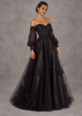Schwarzes Spitzenkleid mit Carmen-Ausschnitt und langen Ärmeln